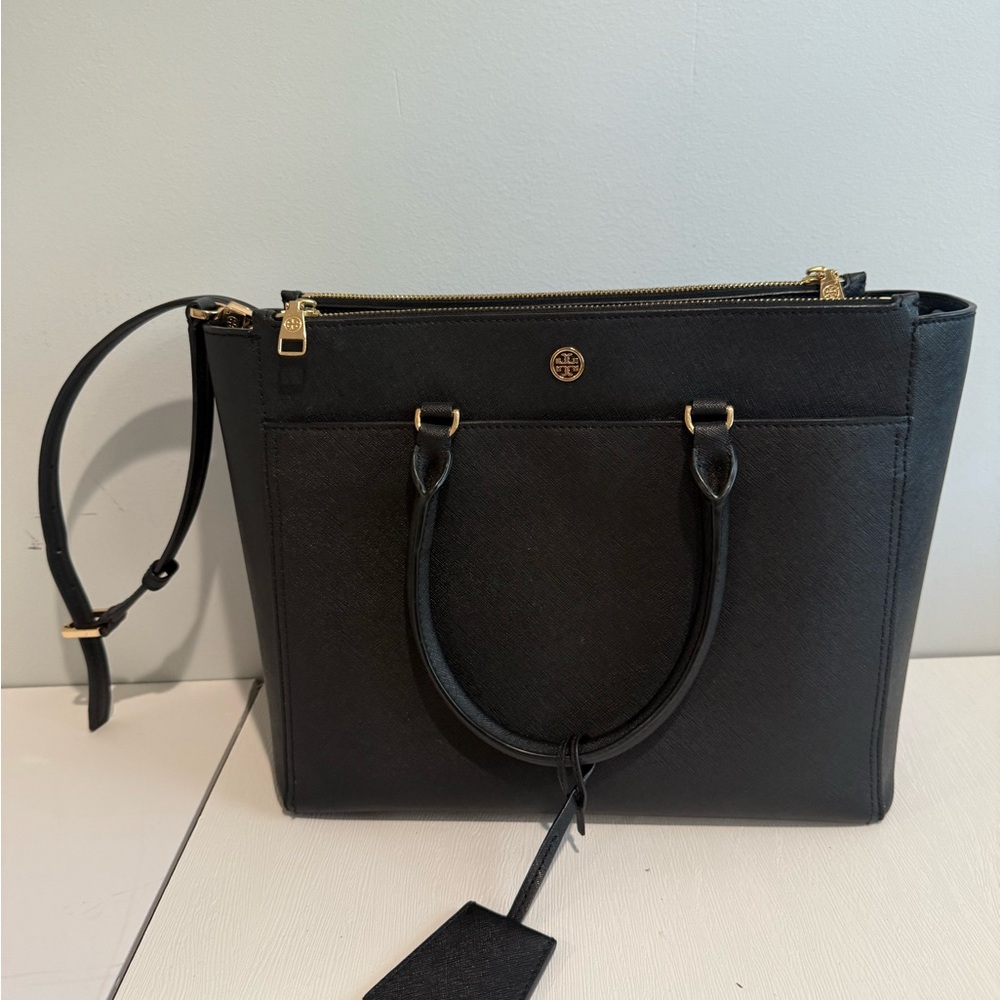 Tory Burch Black and Gold Structured Tote